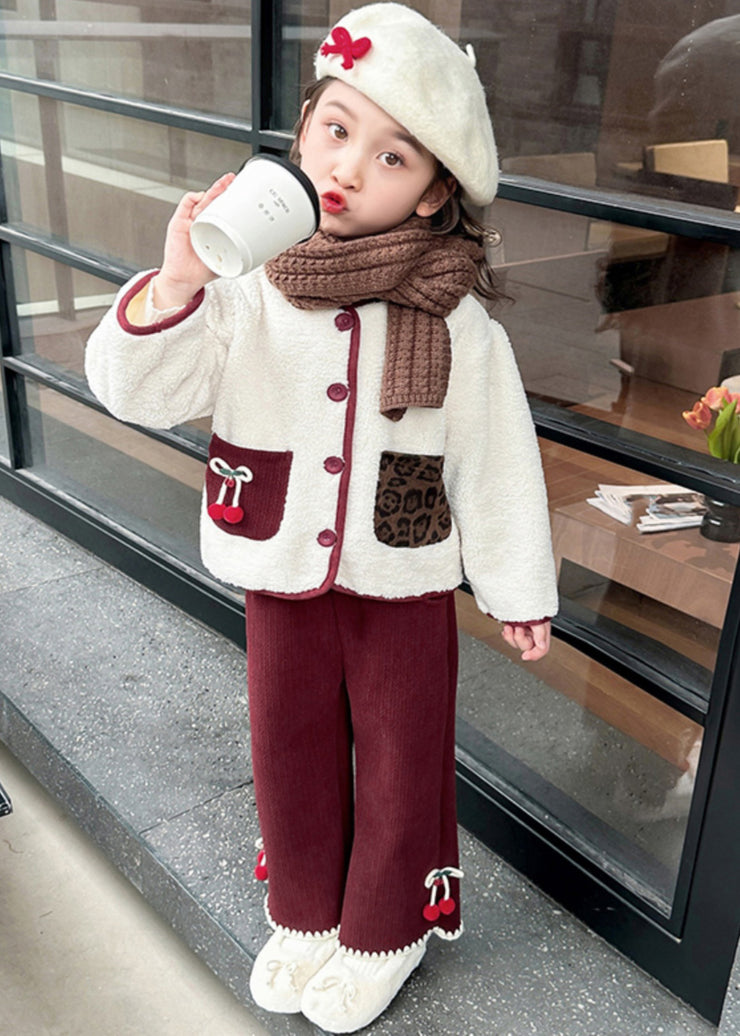 Modern Beige O-Neck Patchwork Button Pockets Faux Fur Kids Top And Pants Two Pieces Set Winter