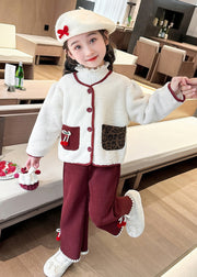 Modern Beige O-Neck Patchwork Button Pockets Faux Fur Kids Top And Pants Two Pieces Set Winter