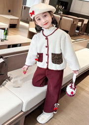 Modern Beige O-Neck Patchwork Button Pockets Faux Fur Kids Top And Pants Two Pieces Set Winter