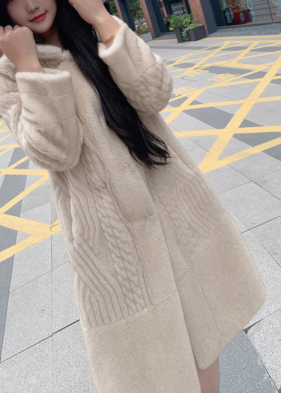 Modern Beige Patchwork Button Leather And Fur Maxi Hoodie Coat Spring