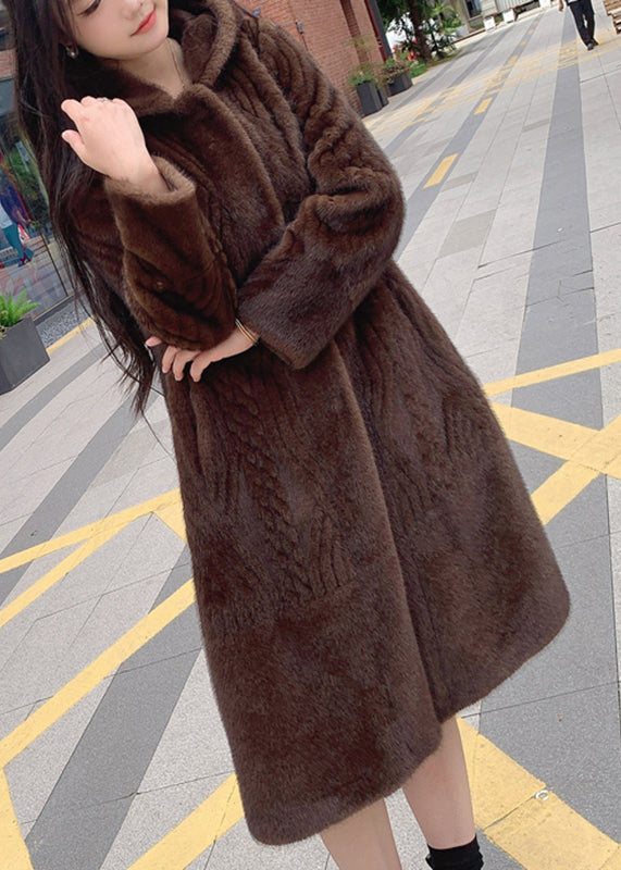 Modern Beige Patchwork Button Leather And Fur Maxi Hoodie Coat Spring