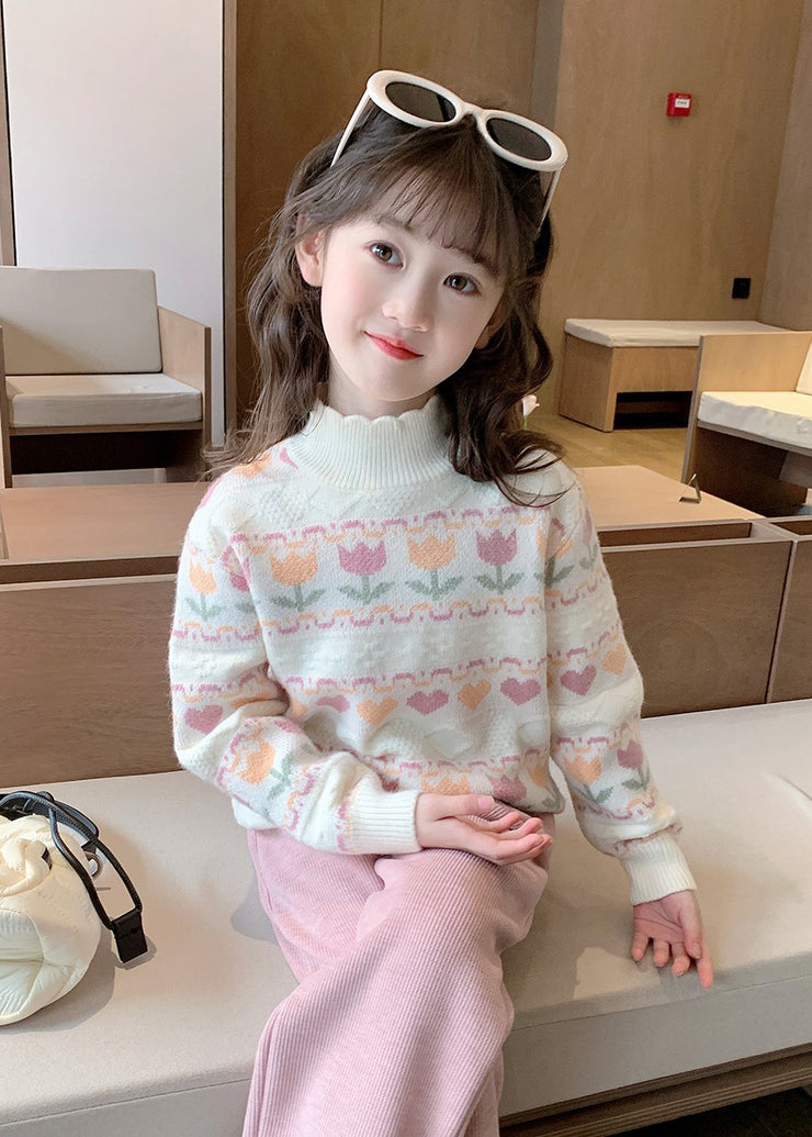 Modern Beige Ruffled Patchwork Cotton Knit Girls Sweater Spring