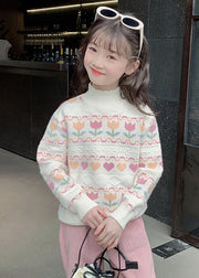 Modern Beige Ruffled Patchwork Cotton Knit Girls Sweater Spring