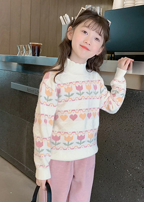 Modern Beige Ruffled Patchwork Cotton Knit Girls Sweater Spring