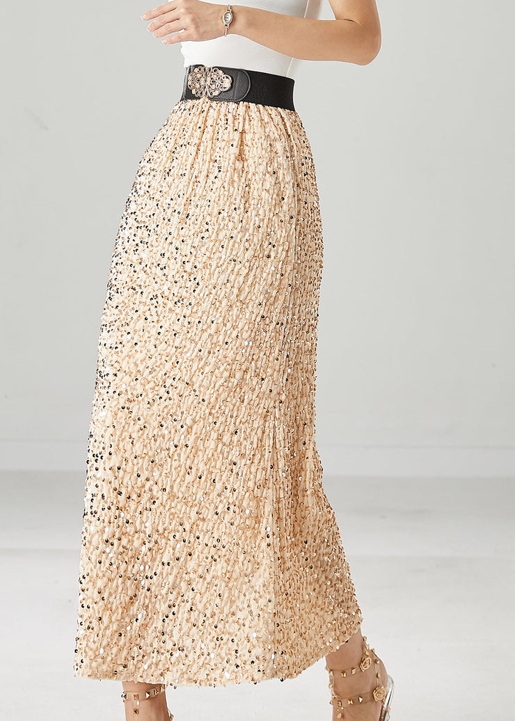 Modern Beige Sequins Elastic Waist Silk Velour Skirt Fall