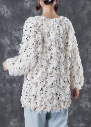 Modern Beige Sequins Thick Knit Pullover Winter