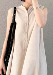 Modern Beige Stand Collar Patchwork Linen Dresses Sleeveless