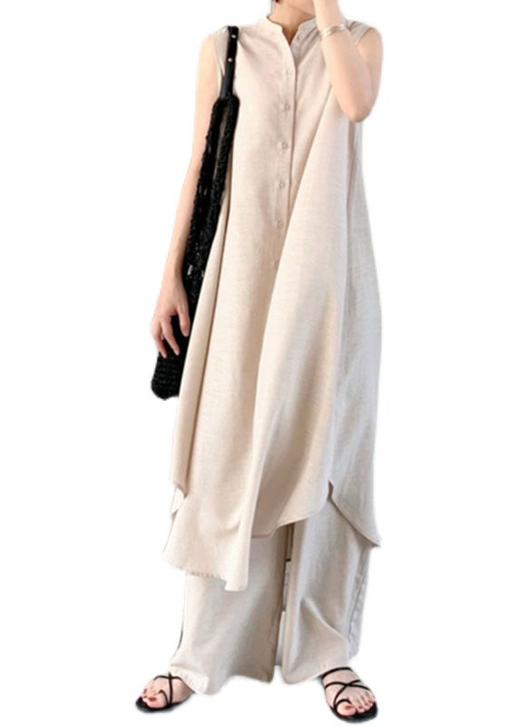 Modern Beige Stand Collar Patchwork Linen Dresses Sleeveless