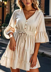 Modern Beige V Neck Lace Up Wrinkled Cotton Mid Dresses Summer