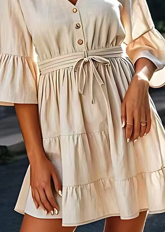 Modern Beige V Neck Lace Up Wrinkled Cotton Mid Dresses Summer