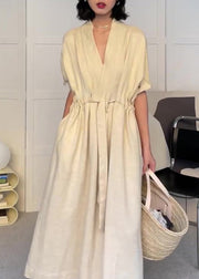 Modern Beige V Neck Pockets Drawstring Cotton Dress Summer