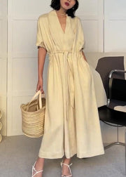 Modern Beige V Neck Pockets Drawstring Cotton Dress Summer