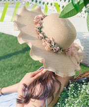 Modern Beige Wave Brim Applique Knit Beach Floppy Sun Hat