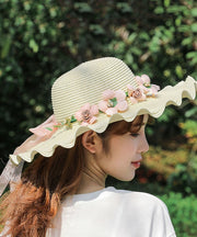 Modern Beige Wave Brim Applique Knit Beach Floppy Sun Hat