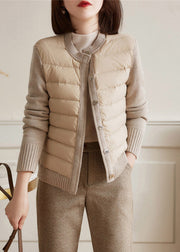 Modern Beige White Colour O-Neck Patchwork Knit Parka Long Sleeve