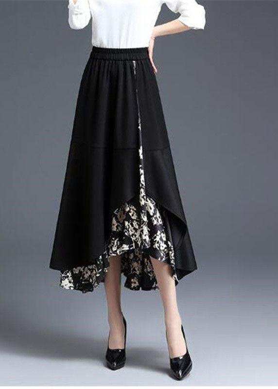 Modern Black Asymmetrical Design Patchwork Ruffled Chiffon Skirt Spring