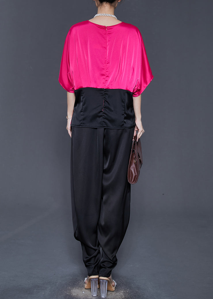 Modern Black Asymmetrical Patchwork Silk Two Piece Suit Set Summer