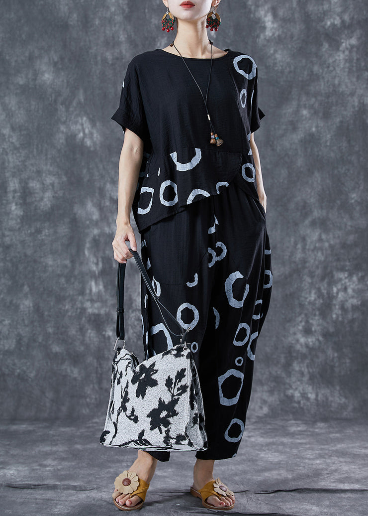 Modern Black Asymmetrical Print Linen Silk Two Pieces Set Summer