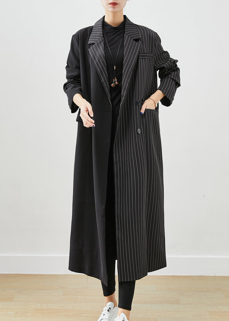 Modern Black Asymmetrical Striped Spandex Trench Fall