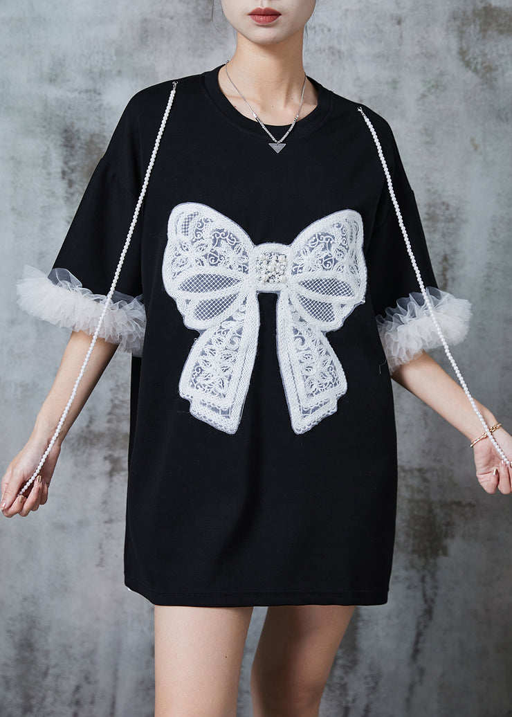 Modern Black Bow Embroideried Patchwork Cotton Tops Summer