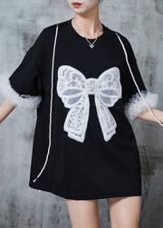 Modern Black Bow Embroideried Patchwork Cotton Tops Summer