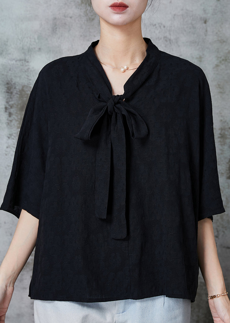 Modern Black Bow Jacquard Cotton Shirt Top Summer