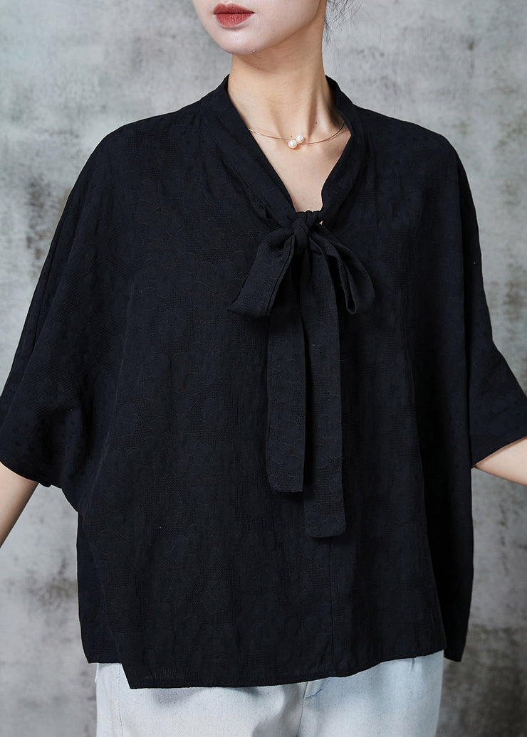 Modern Black Bow Jacquard Cotton Shirt Top Summer
