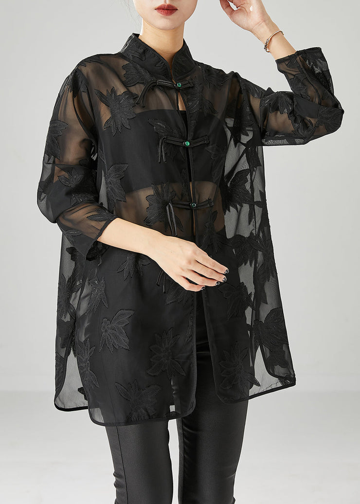 Modern Black Chinese Button Appliqued Chiffon Tops Fall