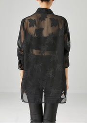 Modern Black Chinese Button Appliqued Chiffon Tops Fall