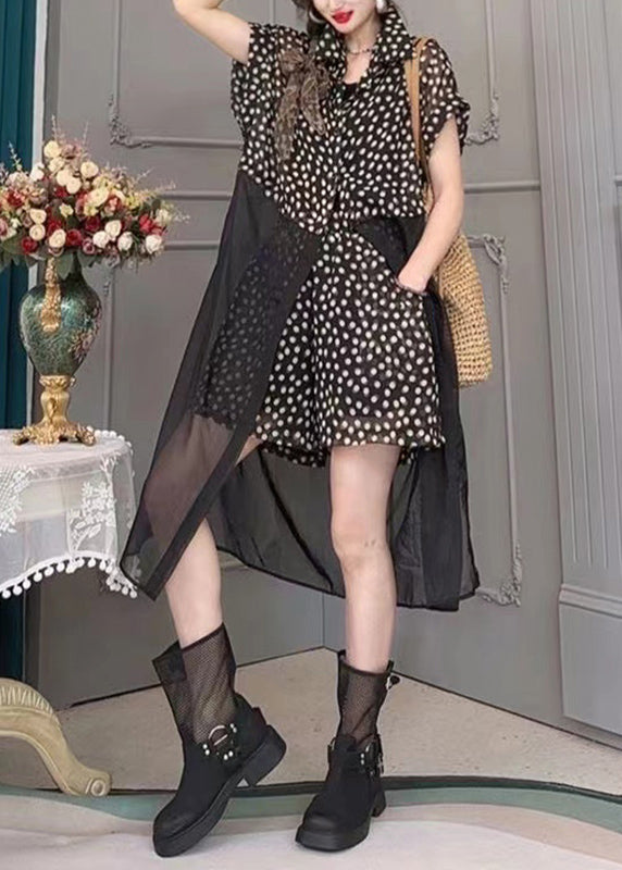 Modern Black Dot Print Tulle Patchwork Long Shirt And Shorts Two Pieces Set Short Sleeve