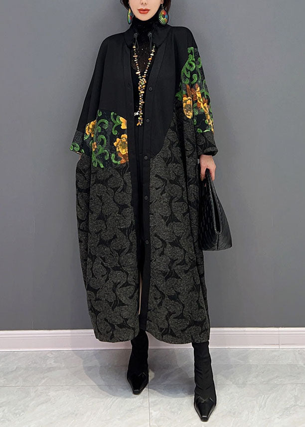 Modern Black Drawstring Oversized Patchwork Print Coats Spring