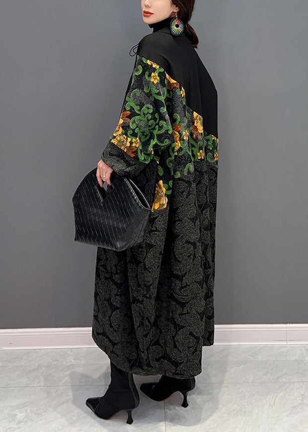 Modern Black Drawstring Oversized Patchwork Print Coats Spring