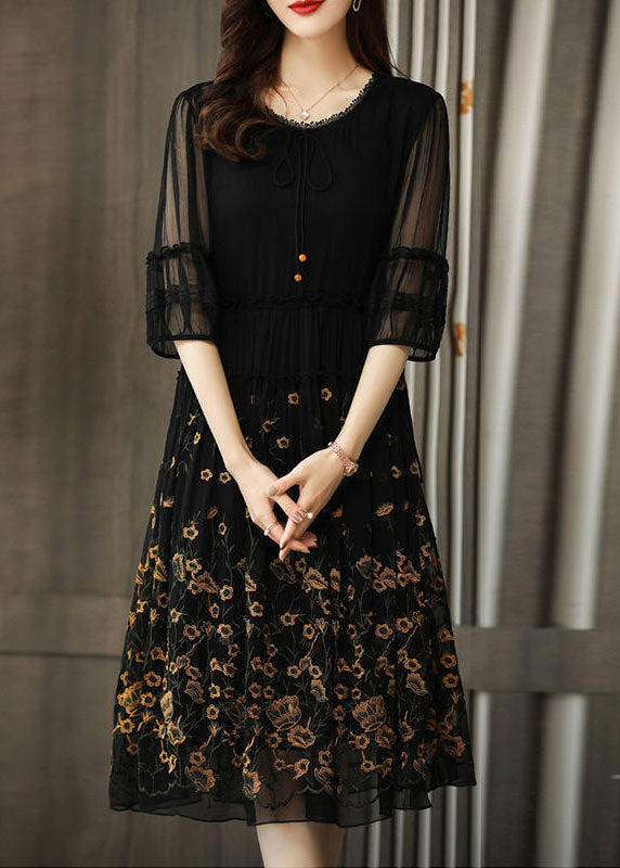 Modern Black Embroideried Chiffon Cinched Dress Summer