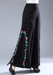 Modern Black Embroideried Floral Elastic Waist Wide Leg Pants Fall