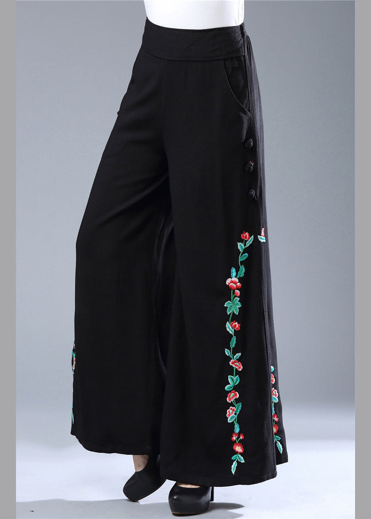 Modern Black Embroideried Floral Elastic Waist Wide Leg Pants Fall