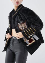 Modern Black Embroideried Patchwork Faux Fur Jackets Winter