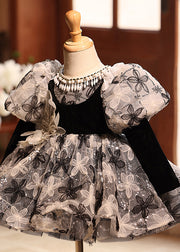 Modern Black Embroideried Tulle Kids Maxi Dresses Puff Sleeve