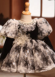 Modern Black Embroideried Tulle Kids Maxi Dresses Puff Sleeve