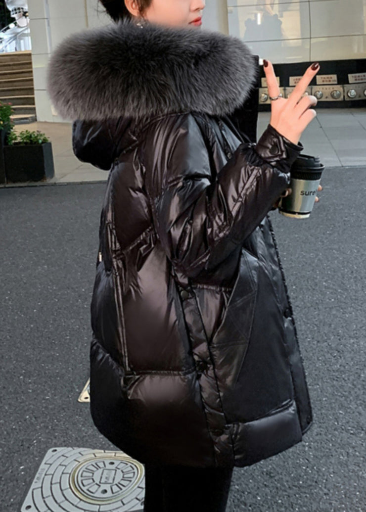 Modern Black Fur Collar Hooded Pockets Fine Cotton Filled Winter Coats