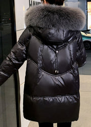 Modern Black Fur Collar Hooded Pockets Fine Cotton Filled Winter Coats