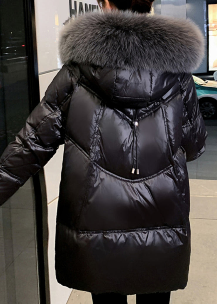 Modern Black Fur Collar Hooded Pockets Fine Cotton Filled Winter Coats