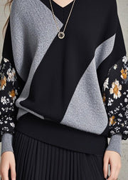 Modern Black Grey Patchwork Print Knitted Tops Fall