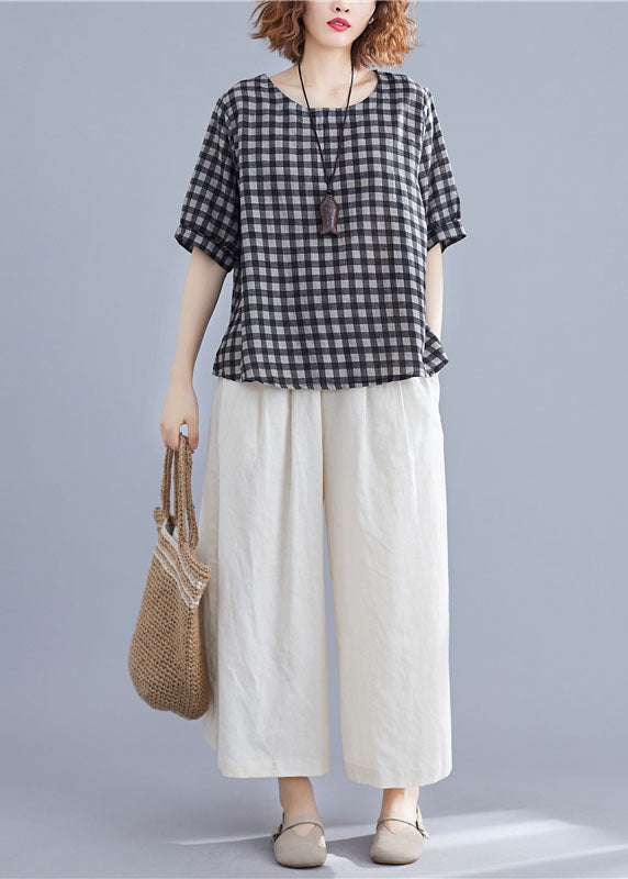 Modern Black Grey Plaid O Neck Linen Top Short Sleeve