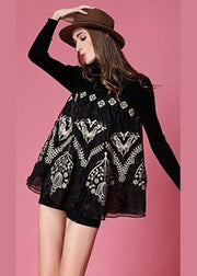 Modern Black High Neck Organza Patchwork Knit Top Spring