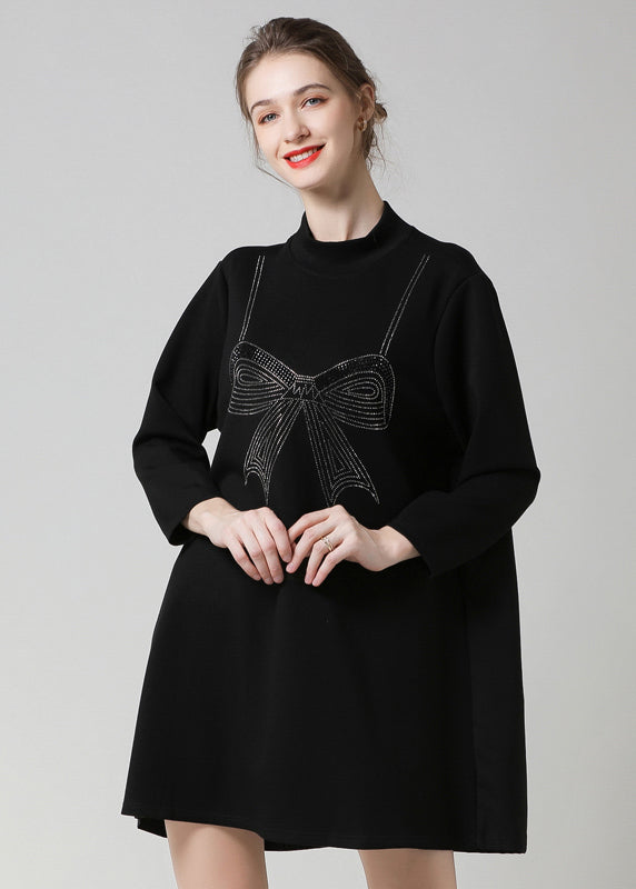 Modern Black High Neck Ruffled Patchwork Bow Cotton Robe Dresses Sprin ...