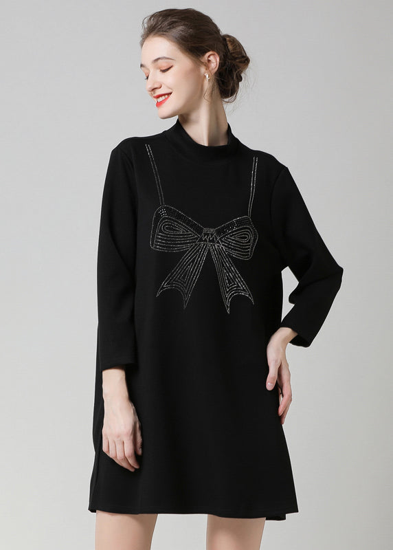 Modern Black High Neck Ruffled Patchwork Bow Cotton Robe Dresses Spring