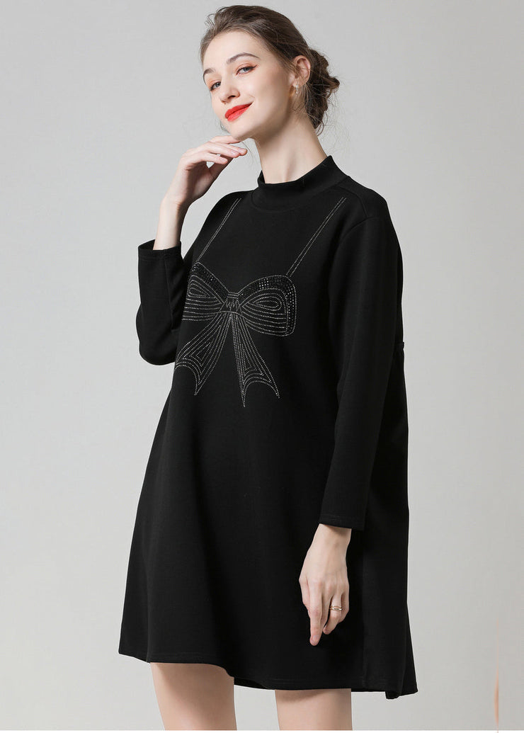 Modern Black High Neck Ruffled Patchwork Bow Cotton Robe Dresses Spring