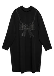 Modern Black High Neck Ruffled Patchwork Bow Cotton Robe Dresses Spring