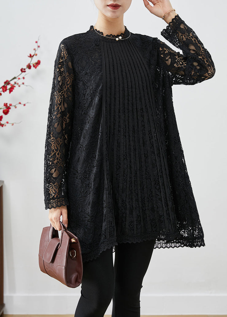 Modern Black Hollow Out Lace Shirt Tops Fall