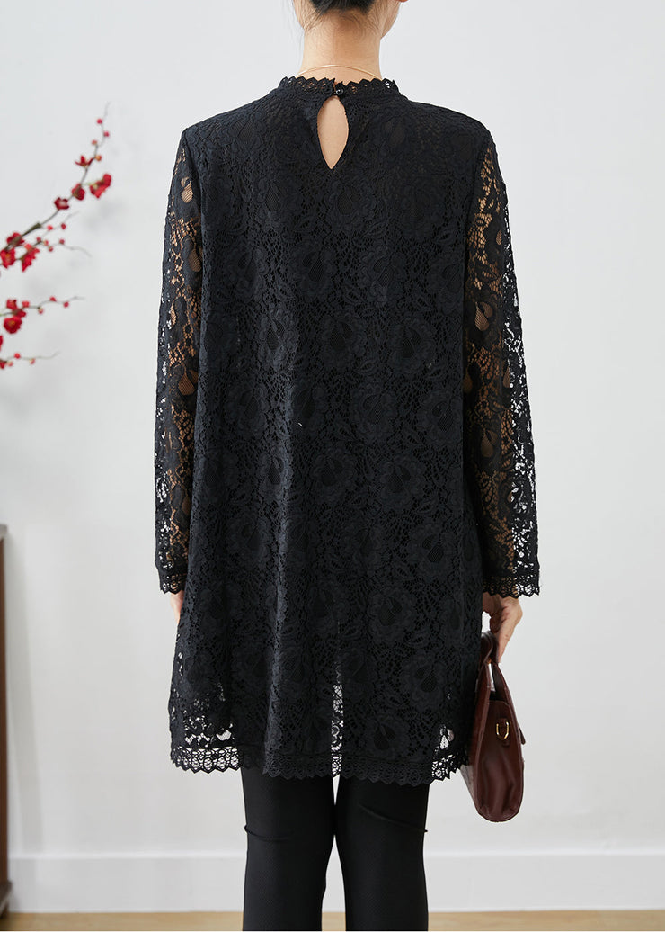 Modern Black Hollow Out Lace Shirt Tops Fall